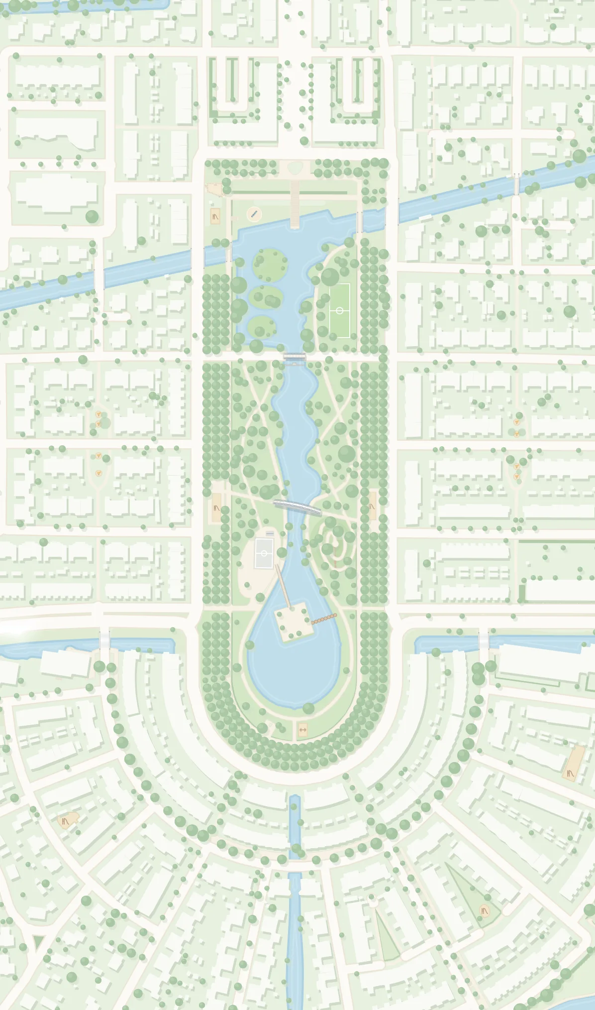 De geïllustreerde plattegrond van het Ravense park met de straten eromheen, zoals in de app